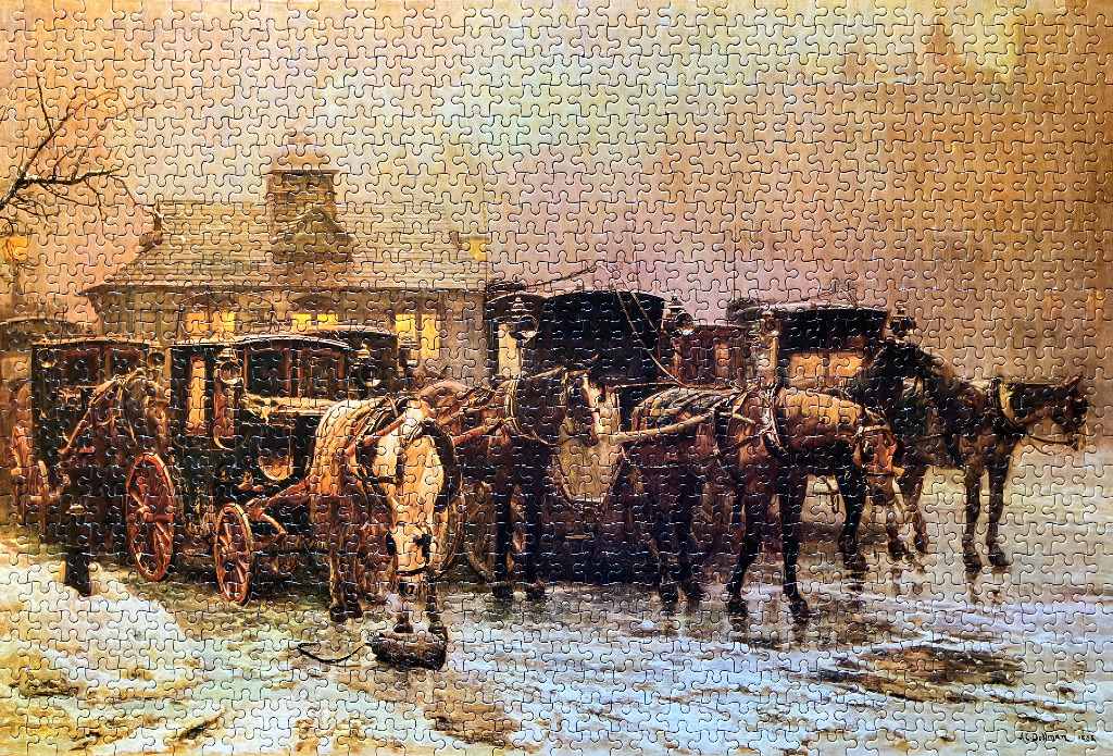 A horse-drawn carriage scene outside a building in the snow.