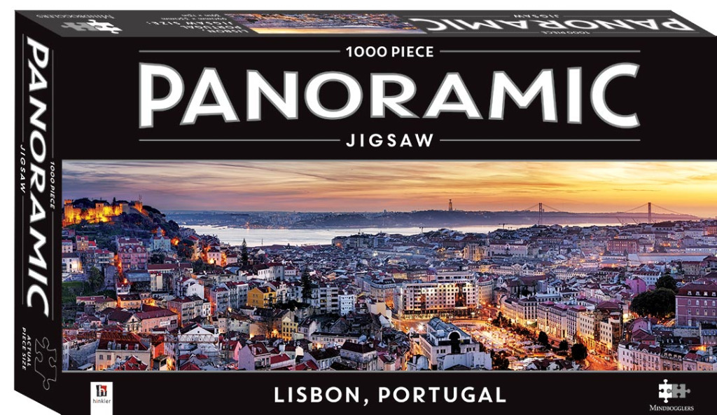 Panoramic sunset view of Lisbon, Portugal, showing historic buildings, the Tagus River, and the 25 de Abril Bridge.