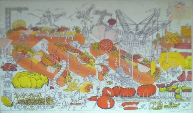 Whimsical line-art illustration of industrial construction machinery building massive hot dogs with large vegetables.