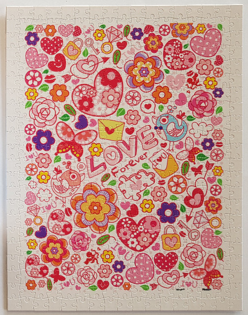 A vibrant, whimsical collage of romantic icons and floral patterns in pink, red, yellow, and blue.