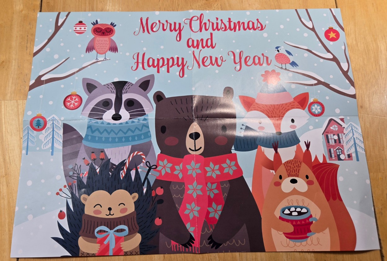 Whimsical illustration of forest animals celebrating Christmas in a snowy landscape.