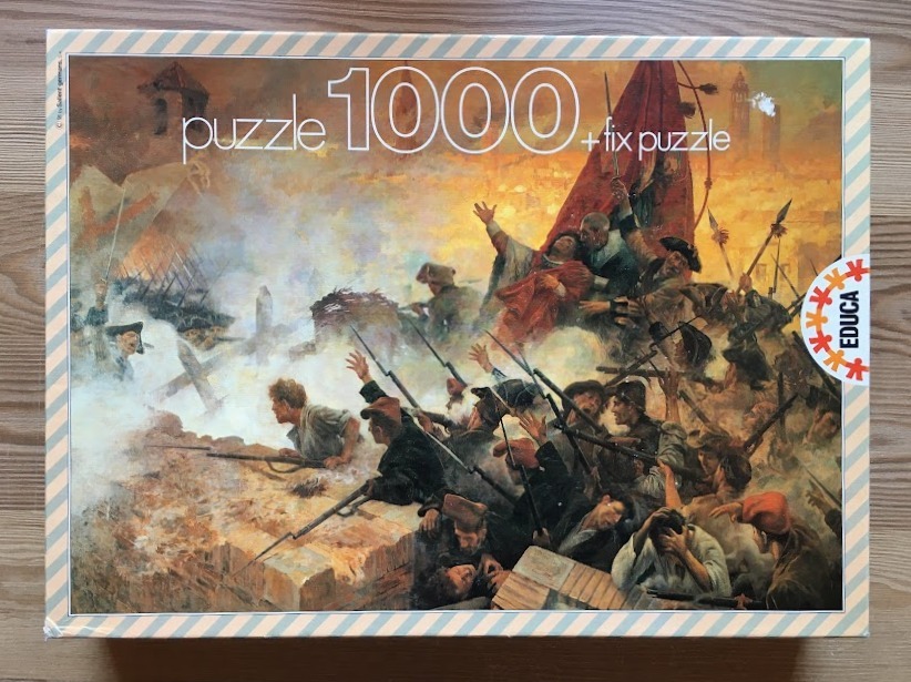 An oil painting depicting a dramatic 18th-century battle scene with soldiers fighting behind a stone wall.