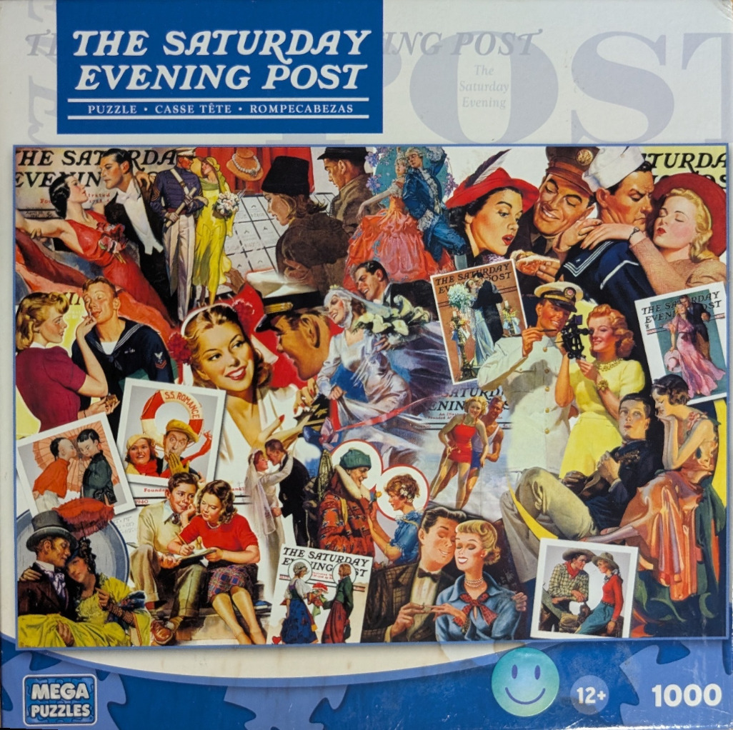 A colorful collage of vintage magazine cover illustrations featuring romantic scenes, couples, and retro fashion.