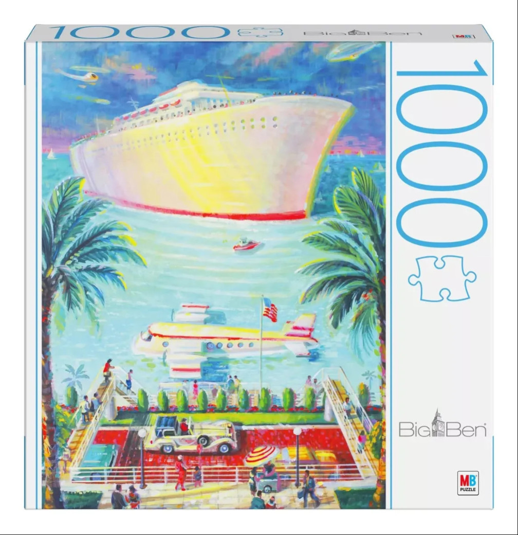 Impressionistic painting of a large cruise ship, a seaplane, and a coastal dockside scene with a vintage car.