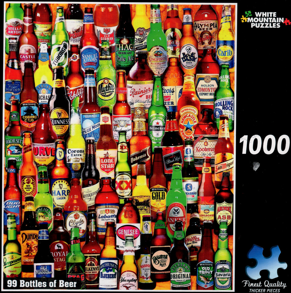 A collage of many different beer bottles tightly packed together in a grid-like arrangement.