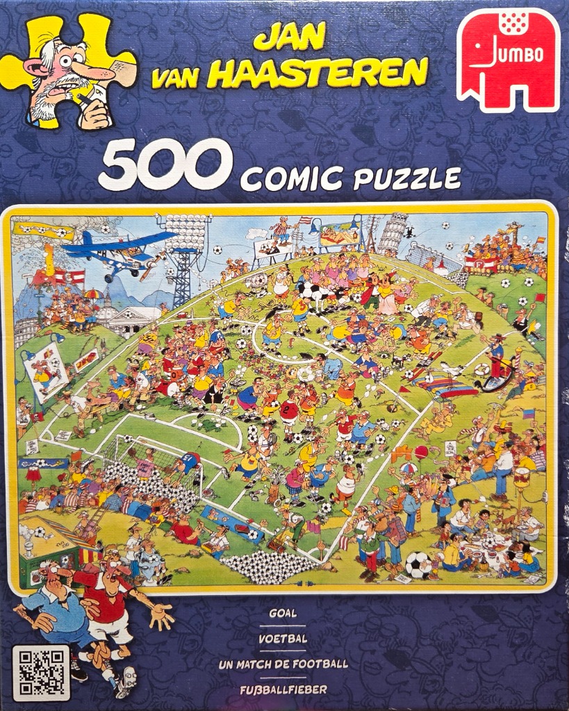 Cartoon illustration of a chaotic, busy football match scene filled with humorous characters and slapstick mishaps.