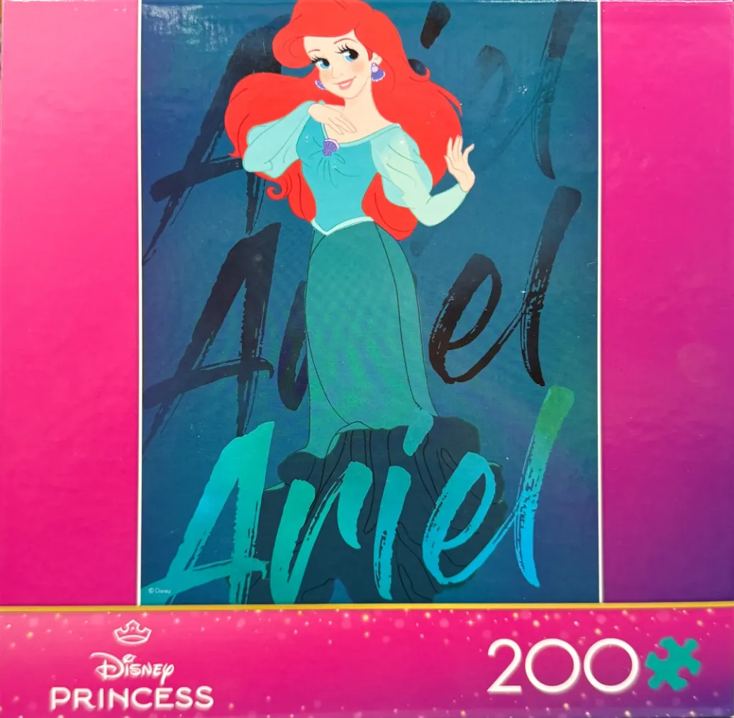 A cartoon illustration of Ariel the mermaid with long red hair wearing a teal dress against a dark blue background.