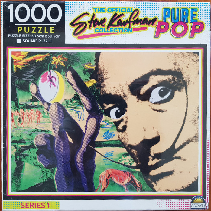 Pop art style illustration featuring a close-up of a human face, a raised hand, and a small animal in a green landscape.