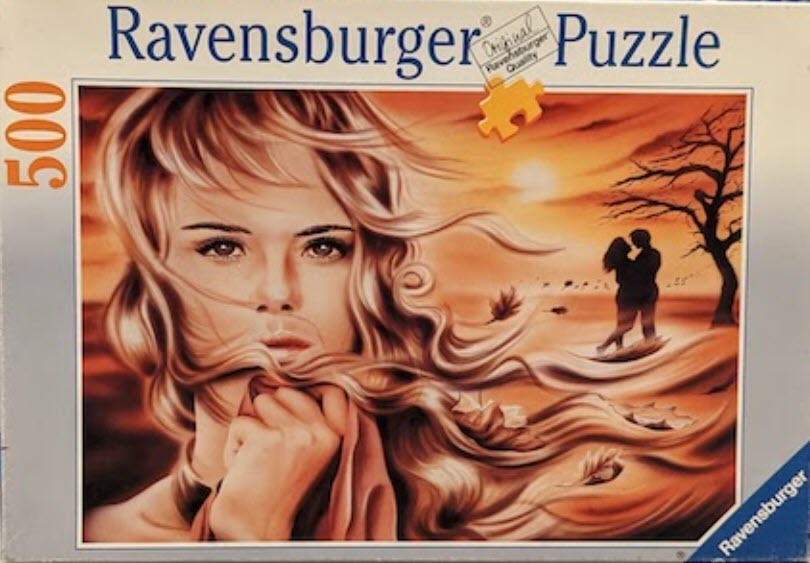 A romantic illustration of a woman in the foreground and a couple embracing at sunset in the background.