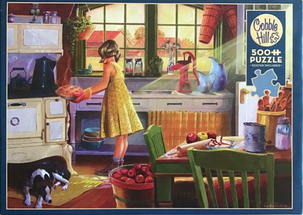A young girl in a yellow dress baking a pie in a sunlit farmhouse kitchen with a dog resting on the floor.