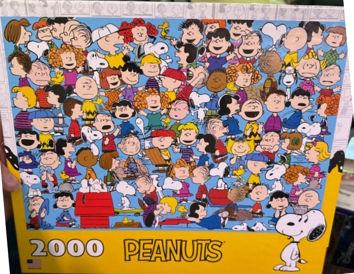 A dense illustration of many Peanuts characters in a collage against a blue background.