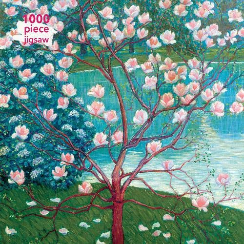An impressionist painting of a blossoming magnolia tree by a reflective pond.