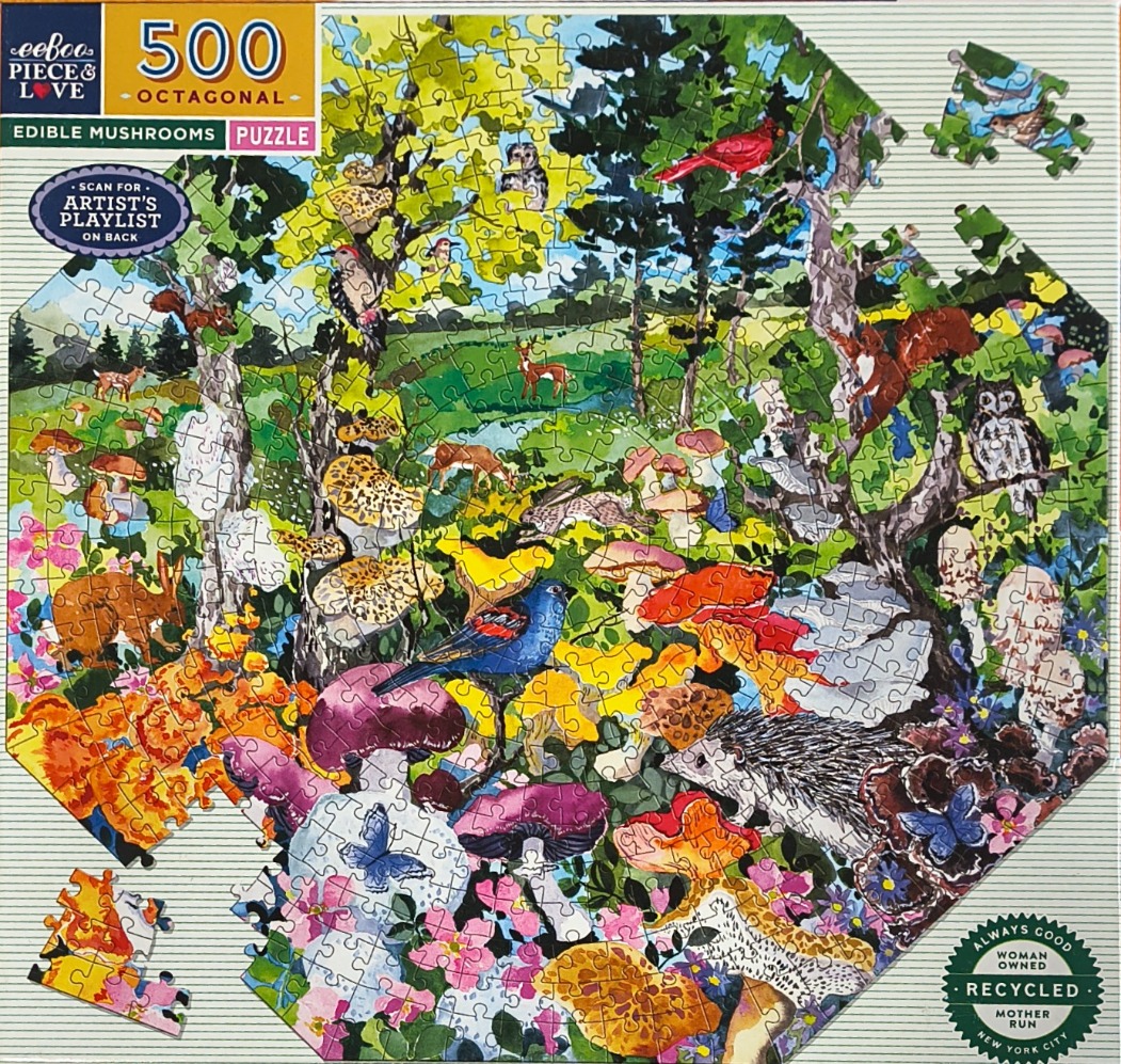 An octagonal illustration of a lush forest scene teeming with mushrooms, woodland animals, and birds.