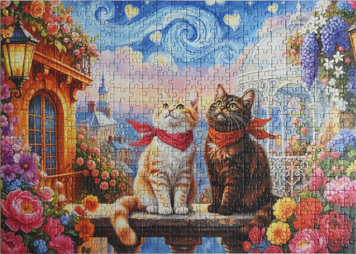 Two cats sitting on a balcony looking at a stylized starry night sky, surrounded by vibrant flowers and architecture.
