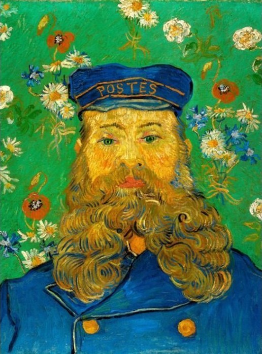 Portrait of a bearded postal worker in a blue uniform against a vibrant green floral background.