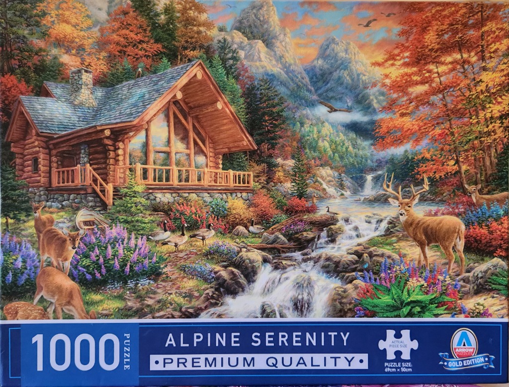 A rustic log cabin sits beside a cascading stream and waterfall in a vibrant autumn forest filled with deer and wildlife.