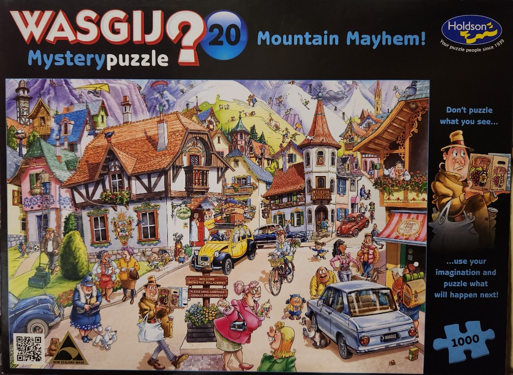 A comedic cartoon illustration of a busy mountain village scene with quirky characters and activities.