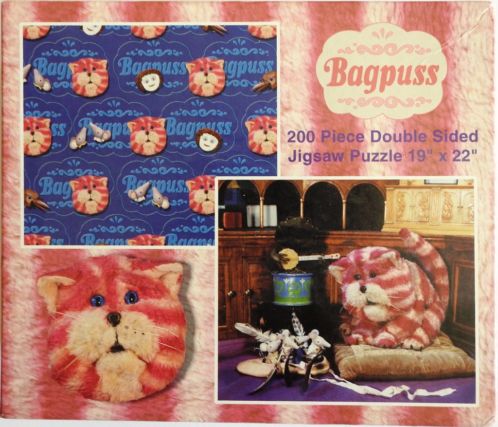A collage of the pink and white striped cat Bagpuss and his mouse friends in a whimsical, nostalgic setting.