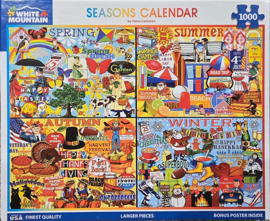Collage illustration depicting the four seasons with various themed icons and activities.