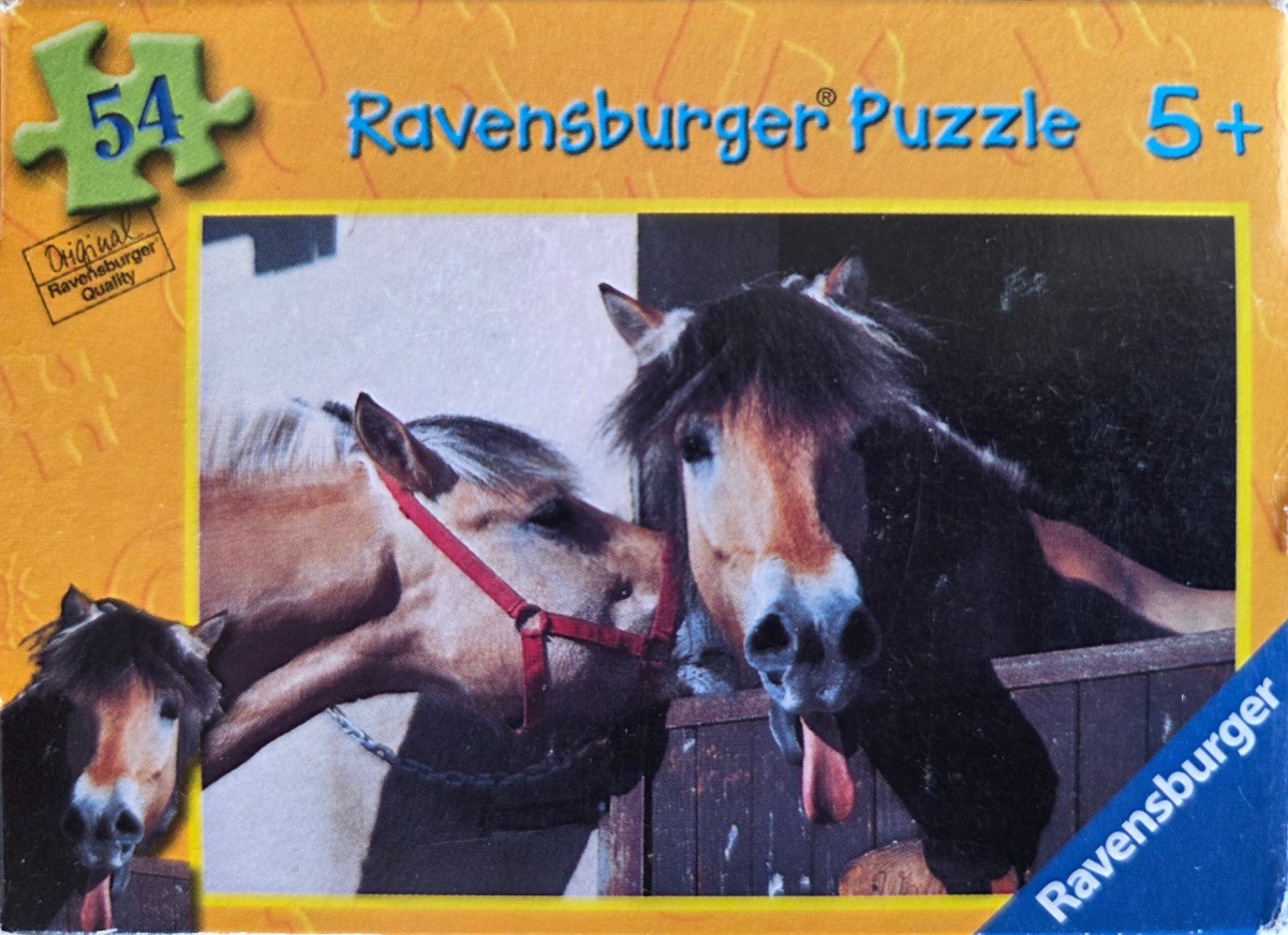 Two horses in a stable, one nudging the other, captured in a realistic photograph.