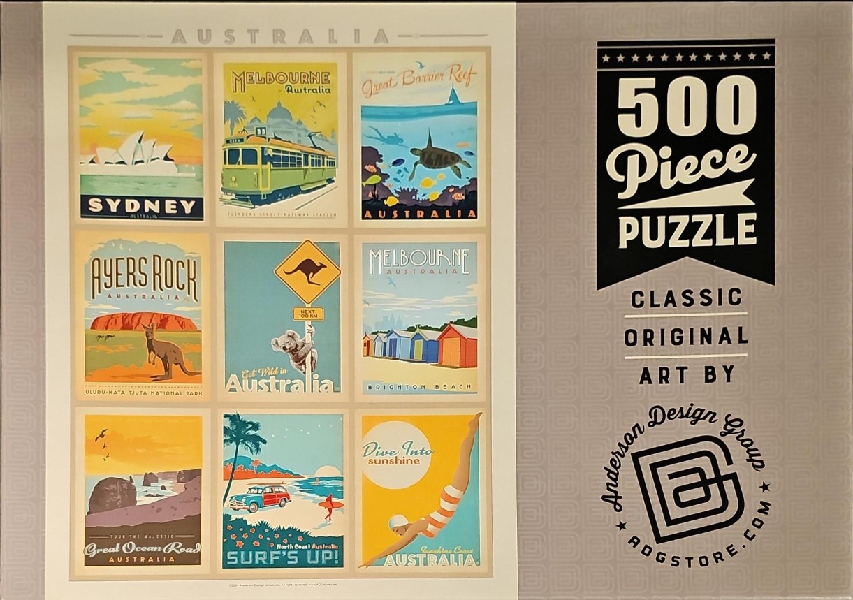 A grid of nine vintage-style travel posters depicting various Australian landmarks and activities.