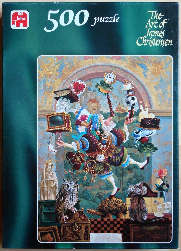 A whimsical illustration of a juggler balancing surreal objects against a background of a castle and landscape.