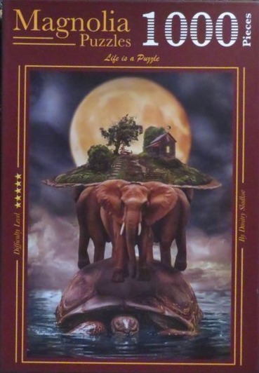 A surreal digital illustration featuring a giant turtle carrying elephants that support a floating island under a full moon.