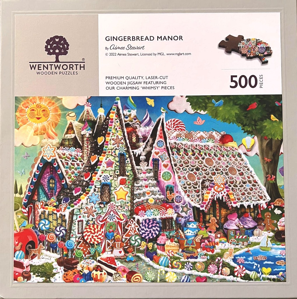Whimsical, candy-covered gingerbread manor mansion in a vibrant, stylized fantasy garden.