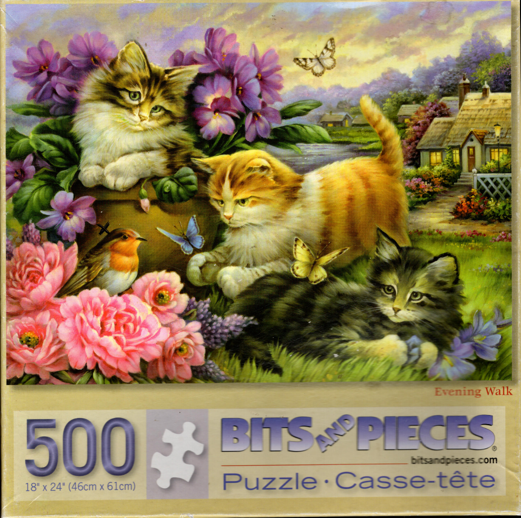 Three kittens playing in a lush garden with flowers and butterflies at sunset.