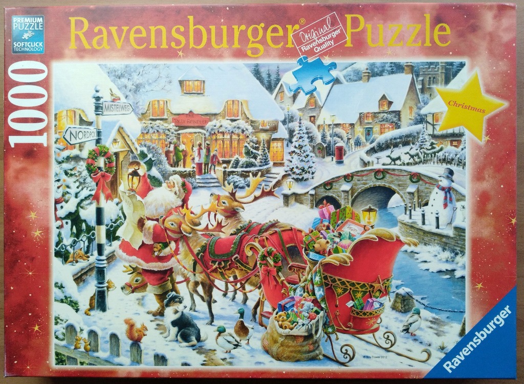 A detailed illustration of Santa Claus preparing his sleigh in a snow-covered village at night.