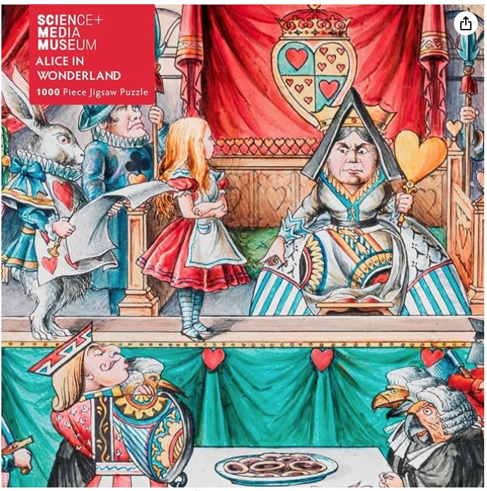 An illustration of Alice facing the Queen of Hearts in a courtroom scene featuring playing card characters.