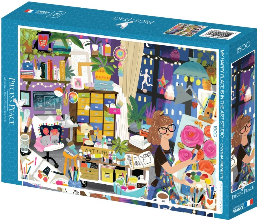 An illustration of an artist painting in a colorful, cluttered art studio at night.