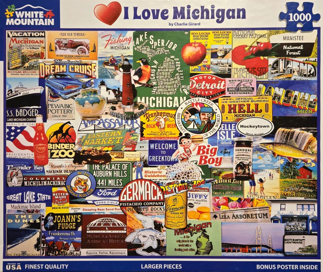 A collage of vintage-style postcards and advertisements celebrating Michigan landmarks and culture.