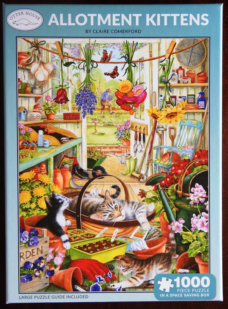 Illustration of three kittens in a cozy garden shed filled with plants and gardening tools