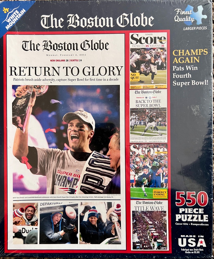 A collage of newspaper front pages and photographs celebrating the New England Patriots winning the Super Bowl.