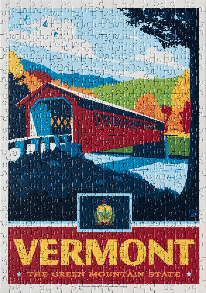 Art deco style poster of a Vermont covered bridge in autumn colors with the state flag and text below.