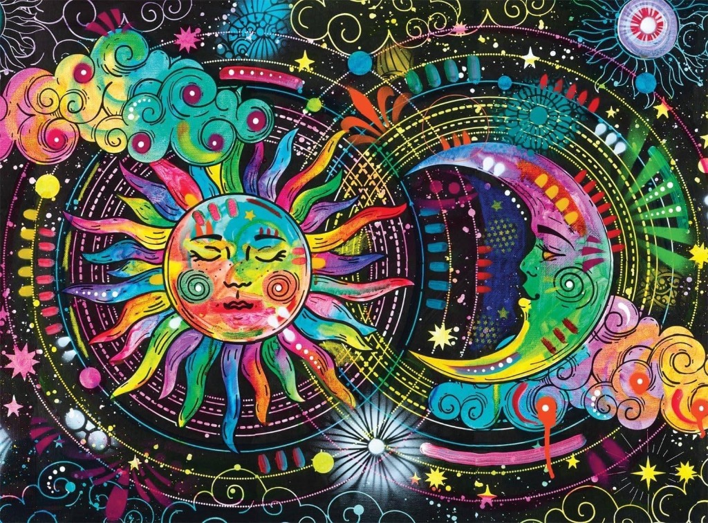 A vibrant, psychedelic illustration of a sun and crescent moon facing each other against a dark, starry background.