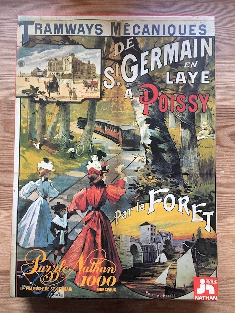 Vintage French travel poster illustration featuring a steam tram, forest scene, and people in 19th-century attire.