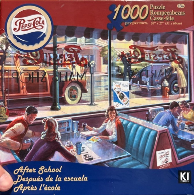 A nostalgic 1950s-style diner interior scene with customers in booths looking out at a street with vintage cars.
