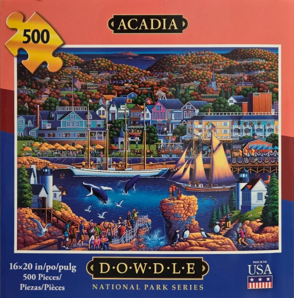 Folk art illustration of the Acadia harbor featuring sailboats, whales, and a colorful town.