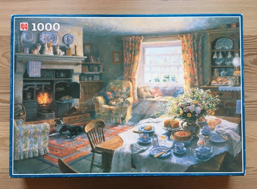 A cozy, sunlit cottage living room scene with a fireplace, dining table, and resting dog, painted in an impressionistic style