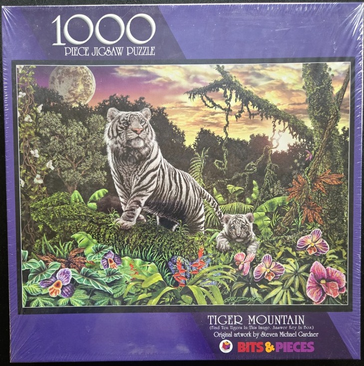 A white tiger stands on a mossy log with a cub in a lush, sunset-lit jungle landscape.
