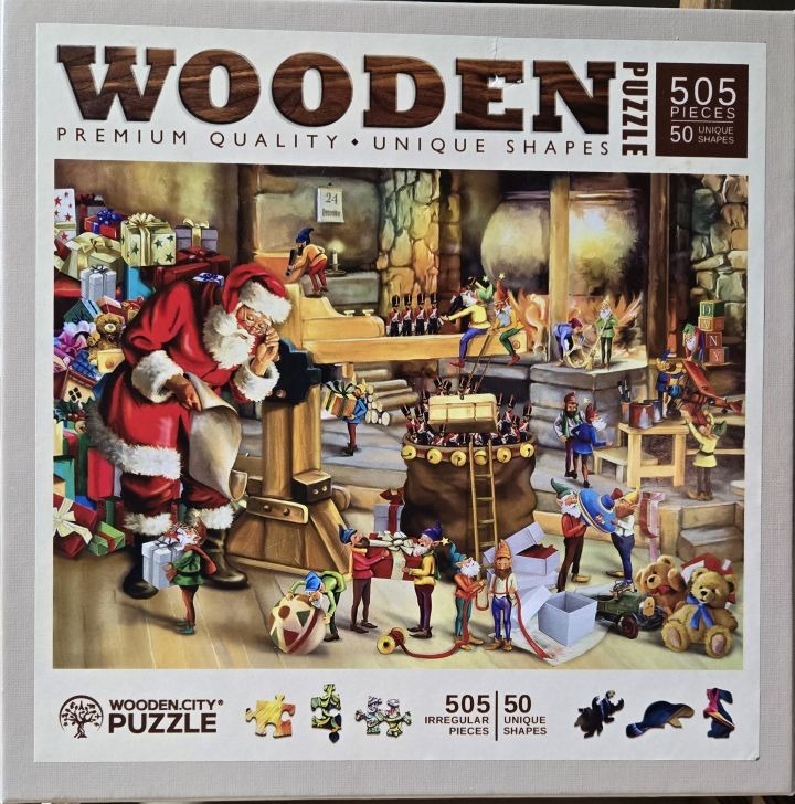 Santa Claus and his elves working in a rustic Christmas workshop