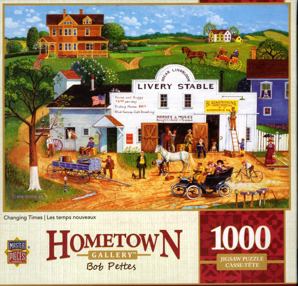 A nostalgic rural scene featuring a white livery stable with horse-drawn carriages and an early 20th-century automobile.