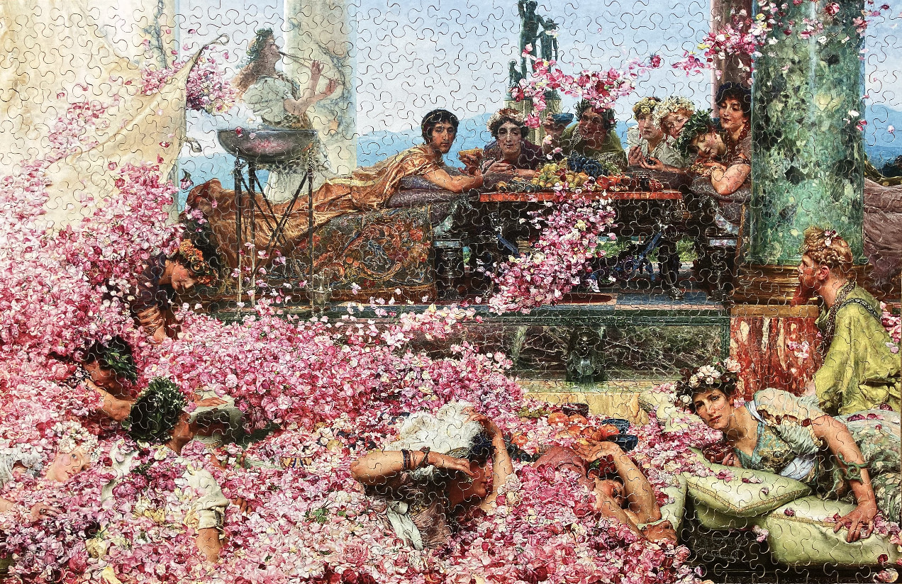 A Roman banquet scene with guests buried in a cascade of pink rose petals, based on Lawrence Alma-Tadema
