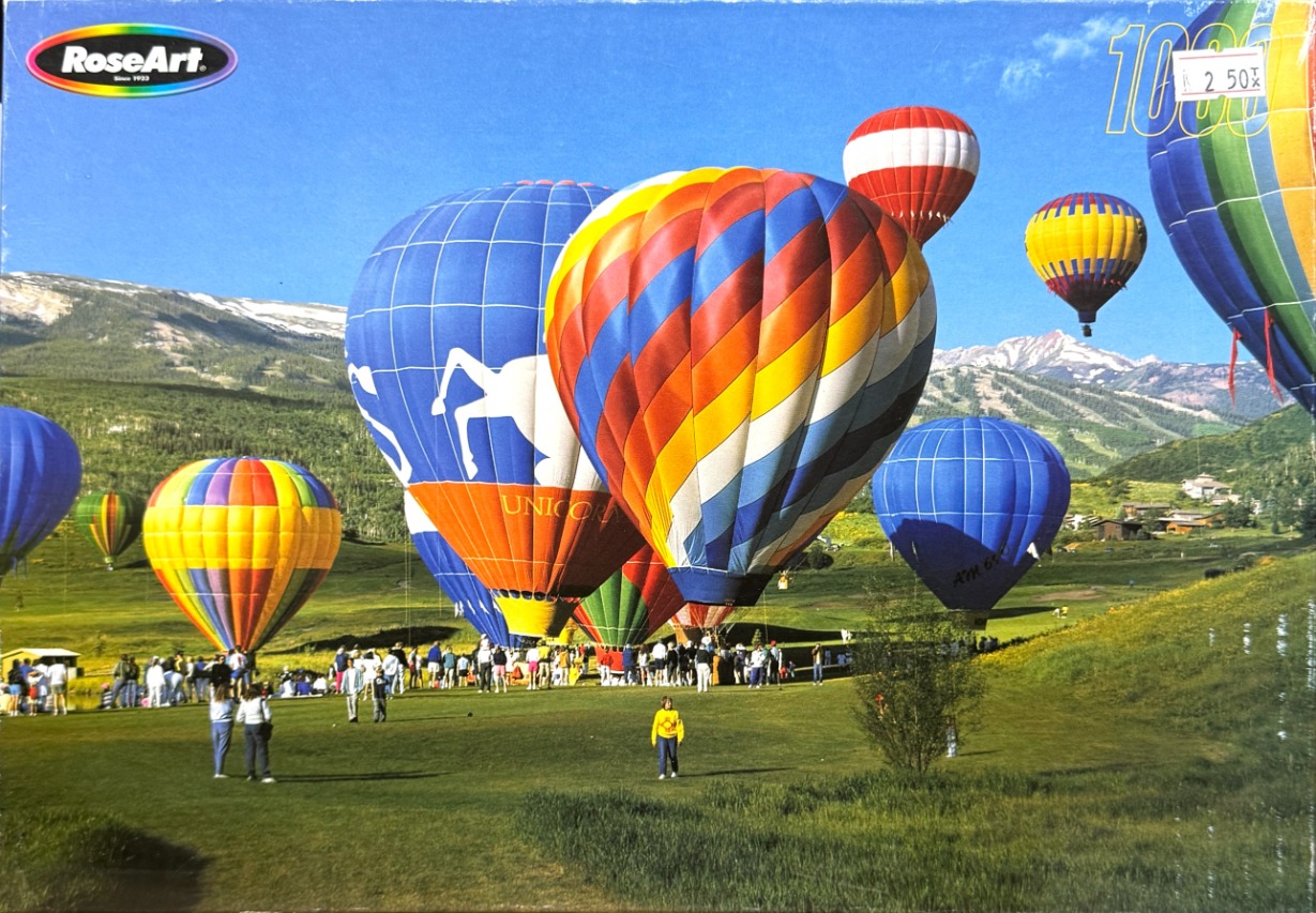 A colorful scene of multiple hot air balloons launching over a grassy valley with mountains in the background.