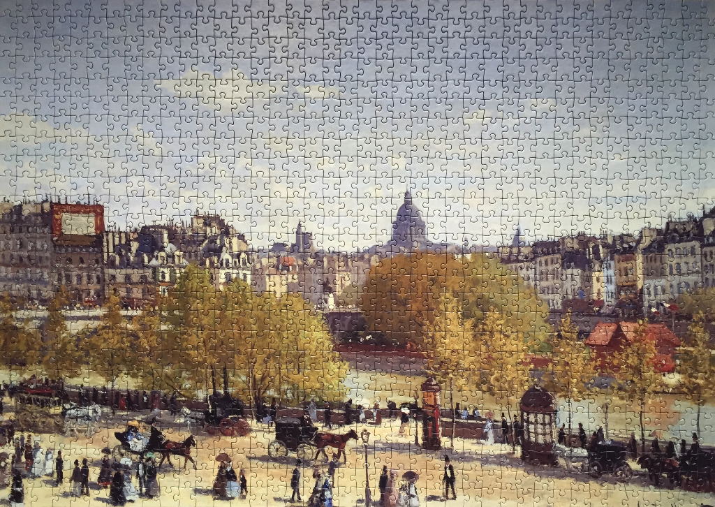 An impressionist painting of a busy Parisian street scene along the Seine river with the Dome of Les Invalides in the back.