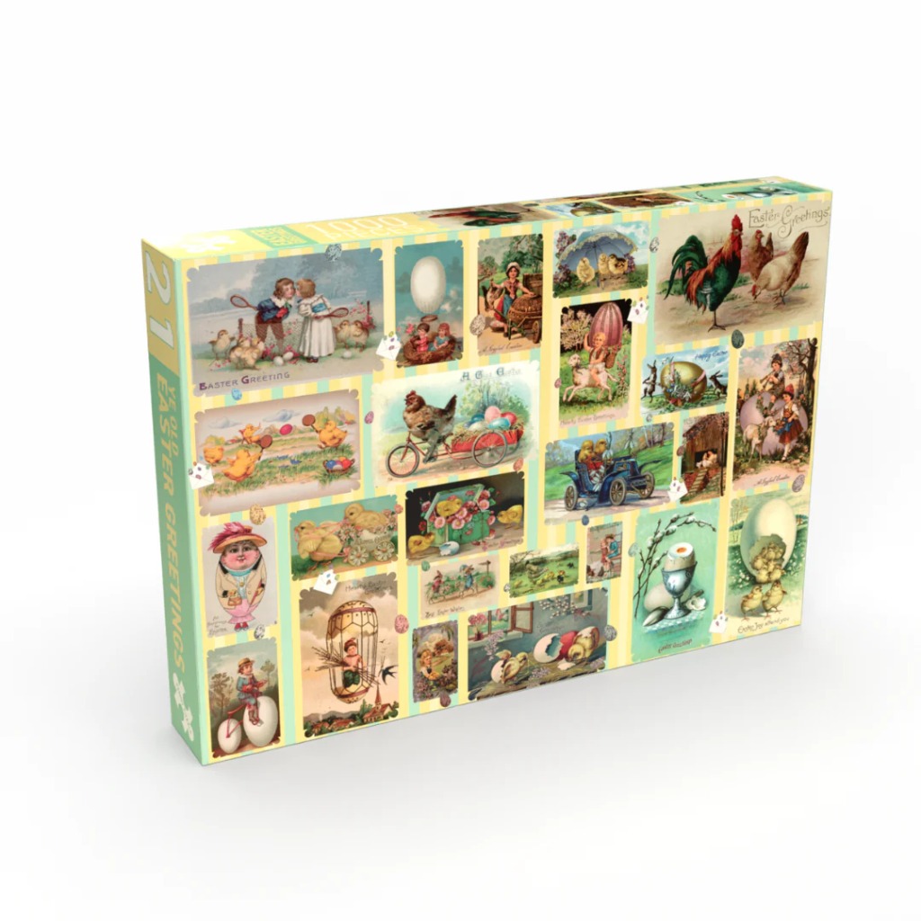 Collage of vintage Victorian-style Easter greeting cards featuring chicks, rabbits, children, and eggs.