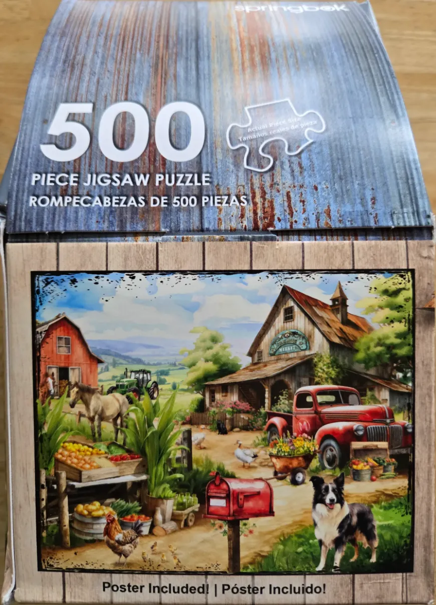 A countryside farm scene featuring a red barn, a vintage truck, farm animals, and a border collie.