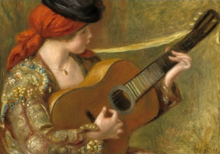 Painting of a young woman with a red headscarf playing a guitar.